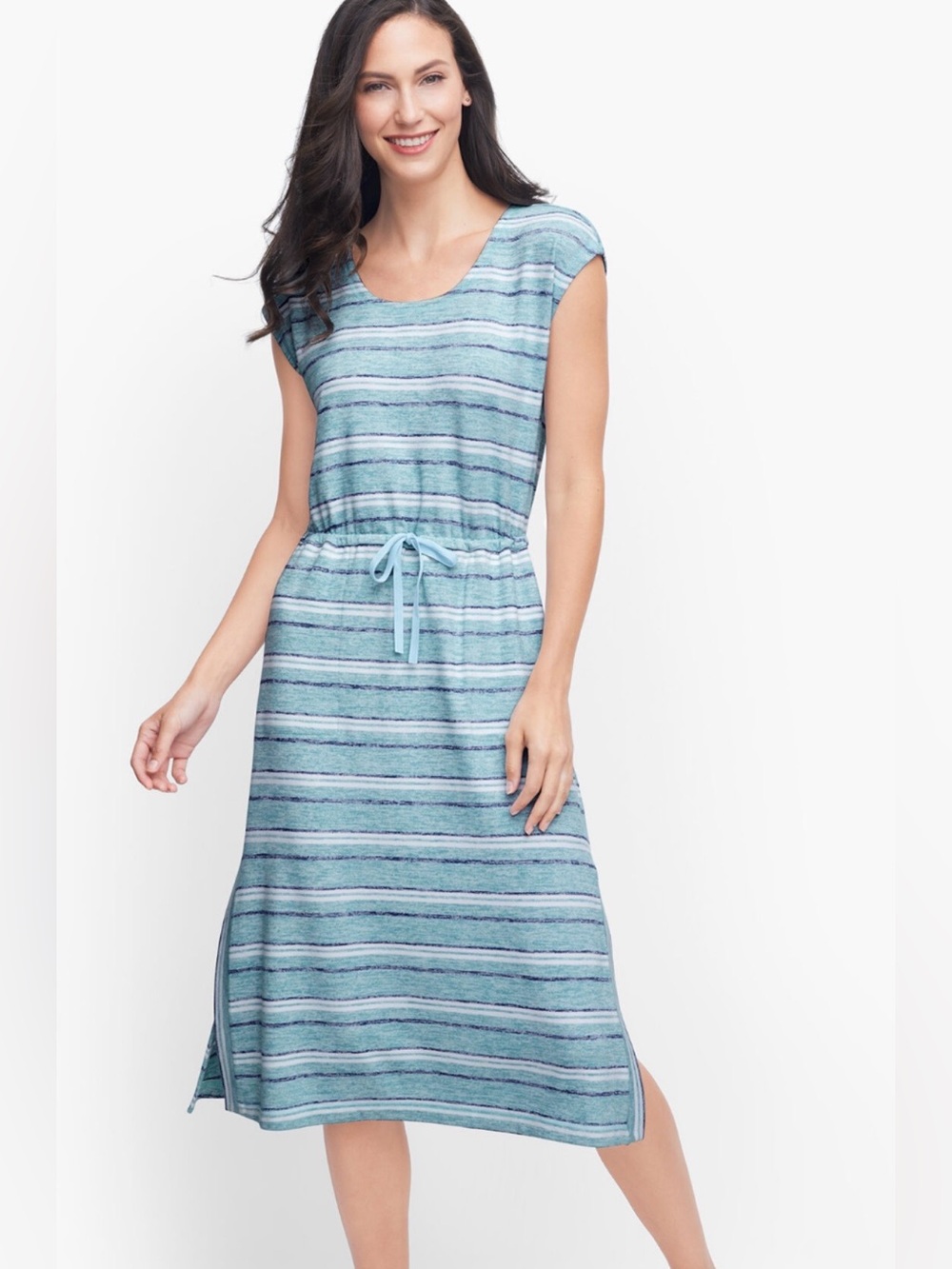 Talbots Blue Striped Drawstring Midi Dress Size Medium